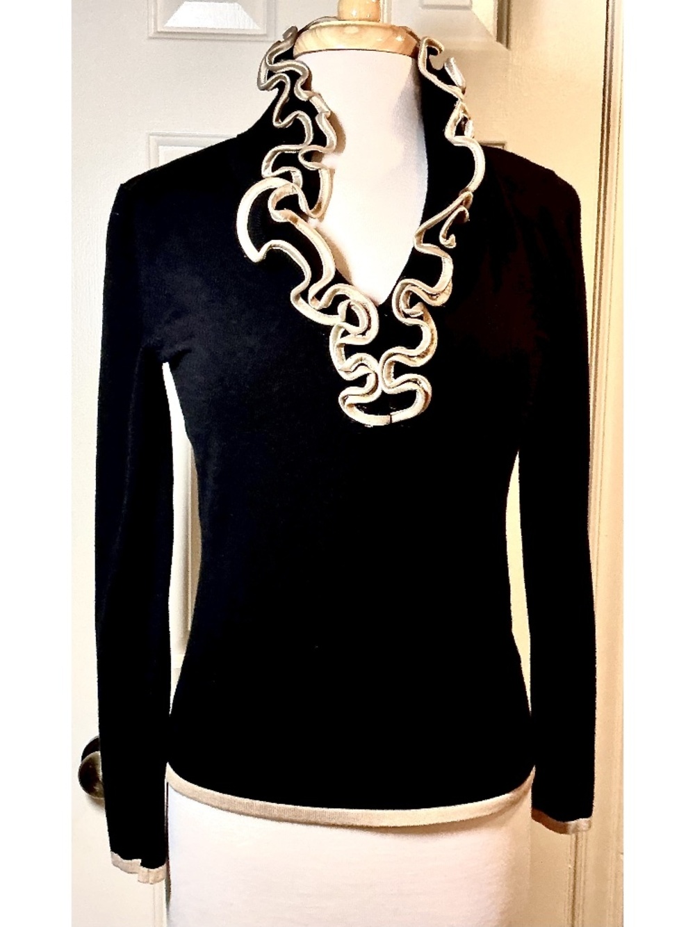 Belldini Black Sculptural Ruffle Trim Stretch Top Size M